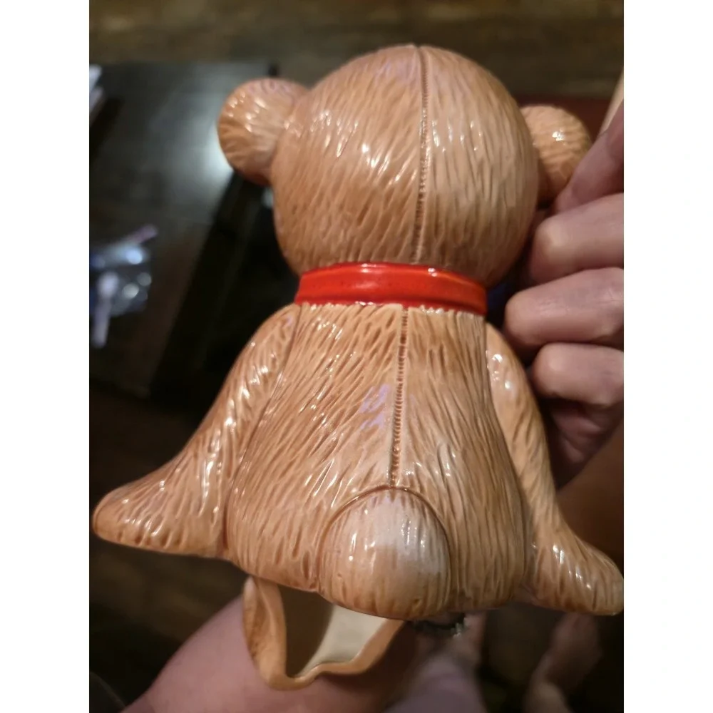Vtg Ceramic Teddy Bear Shelf Sitter Artistic Signed & Dated Red Bow Christmas
